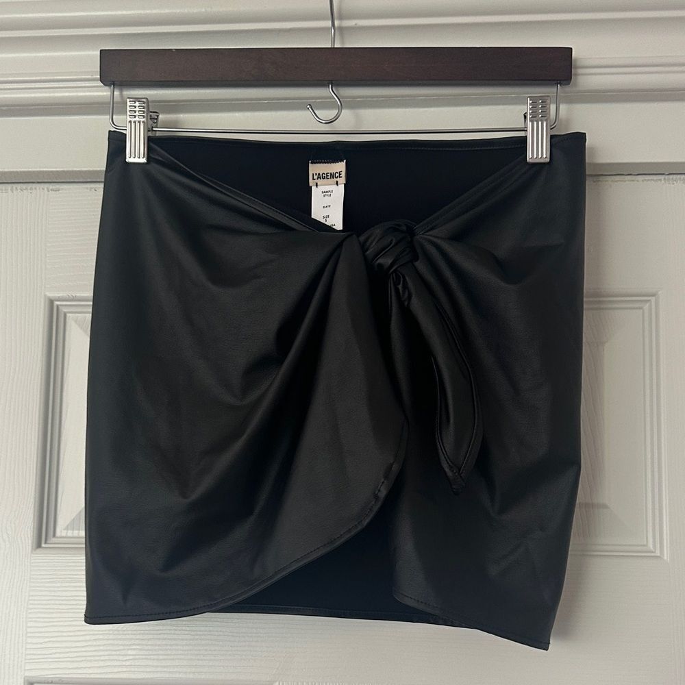 L'AGENCE Black Tie-Front Mini Pareo in Faux Leather